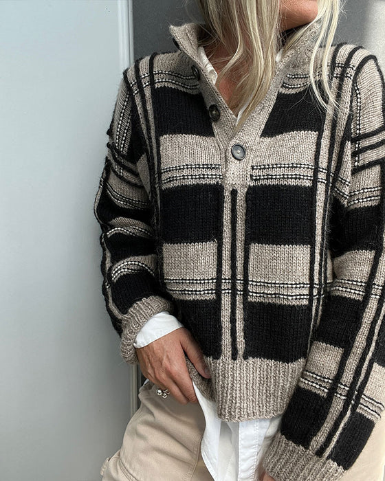 Pullover Knapp Turtleneck Rute Fargeblokk