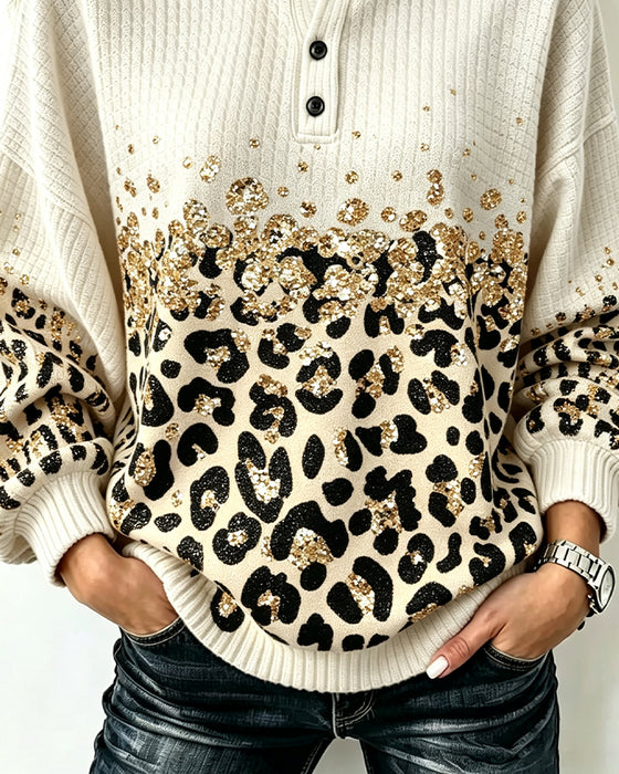 Genser Rund Hals Knappet Leopard Trykk