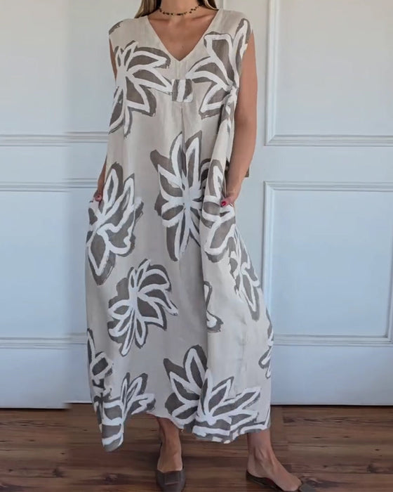 Kjole V-Hals Abstrakt Blomstret Ermeløs