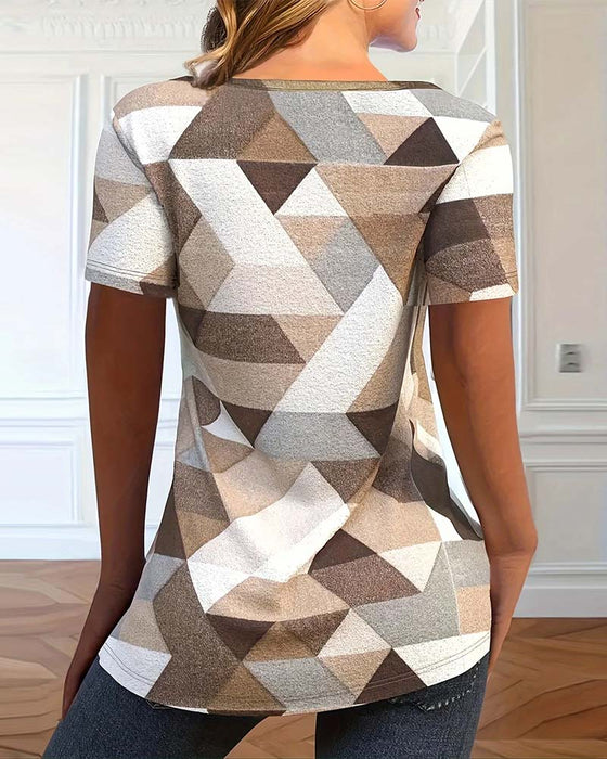 T-shirt Med Casual Fargeblokk U-formet Hals