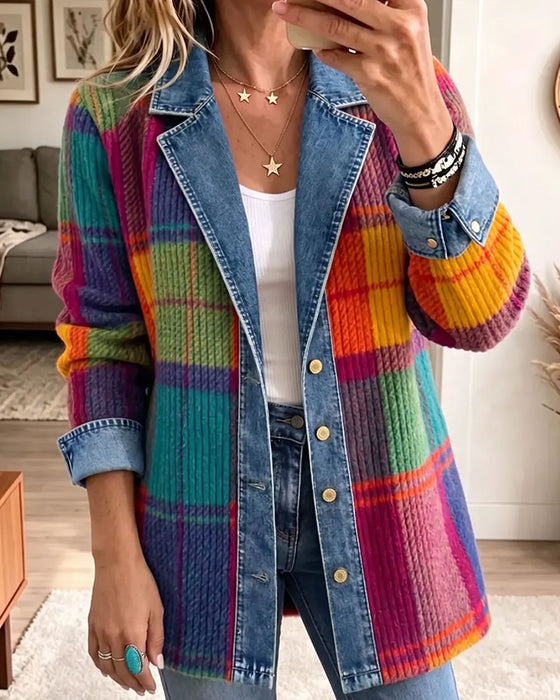 Kåpe Jakkeslagkrage Knapp Ribbet Fargeblokk Denim Lappverk