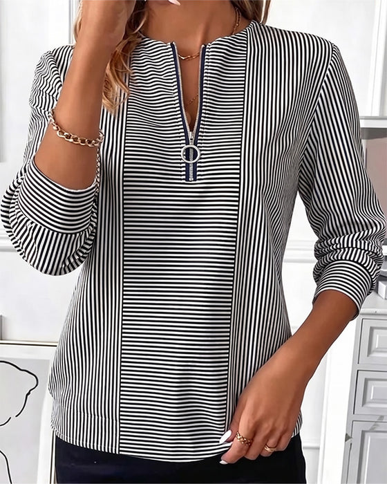 Bluse Stripet Patchwork Glidelås Opp