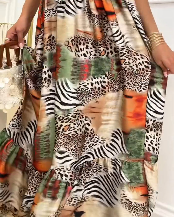 Kjole Leopard Kontrast Spagettistrap Patchwork
