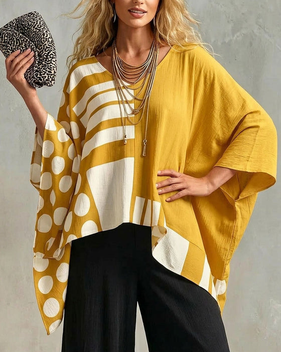 Bluse Polka Dot Stripe Patchwork V Hals