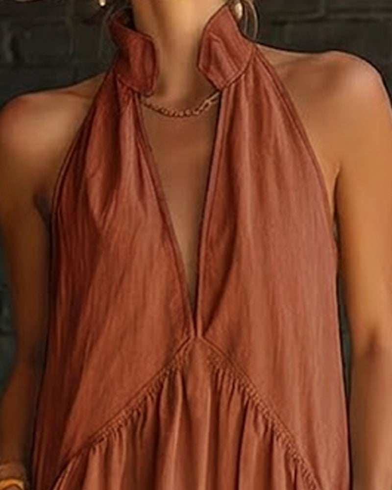 Kjole 100% Bomull Ermløs Ståkrage Ensfarget Maxi