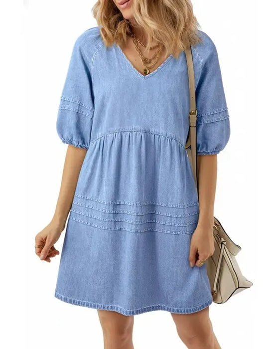 Kjoler Denim V-Hals Puff Erme