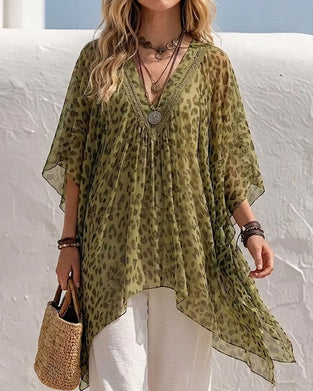 Bluse V-Hals Uregelmessig Leopard