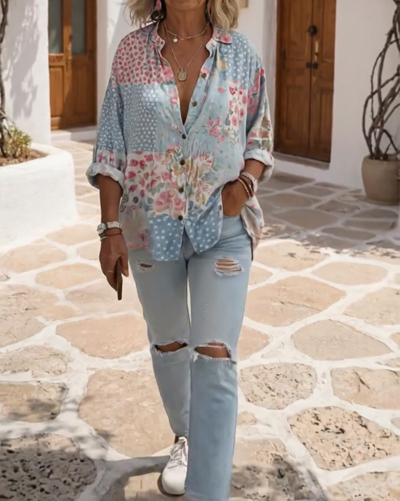 Skjorte Med Småblomstret Print Og Ståkrage