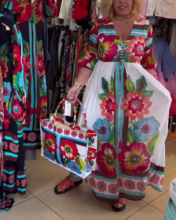 Dyp V løs tilfeldig blomsterkjole