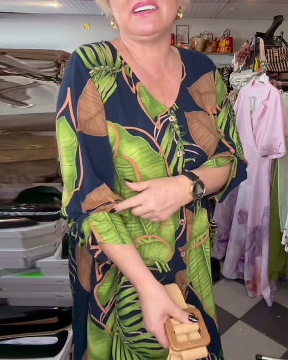 Løs Kjole Med Bladtrykk Og V-Hals