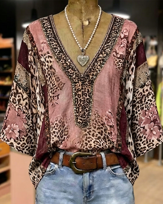 Bluse V-Hals Lykt Erme Leopard
