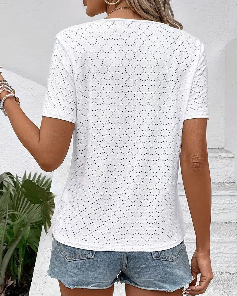 T-Skjorte Gjennombrutt V-Hals Kort Erme