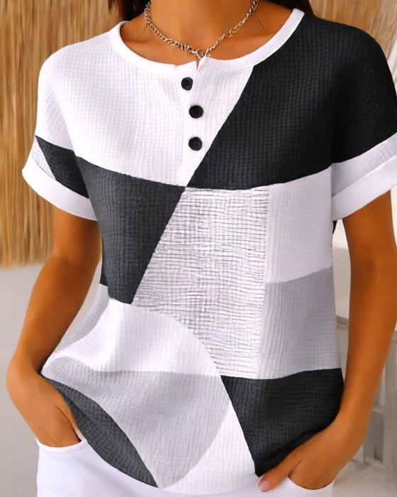 Bluse Rundhalset Knapp Fargeblokk Vaffel