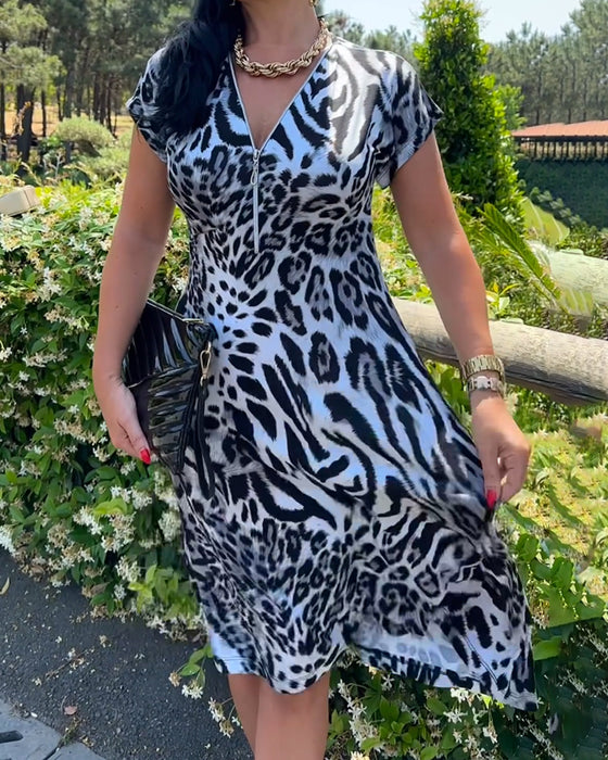 Kjole V-Hals Glidelås Leopardtrykk