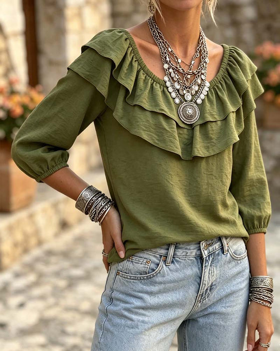 Bluse Dobbelt Lag Ruffle Tre Kvarter Erme
