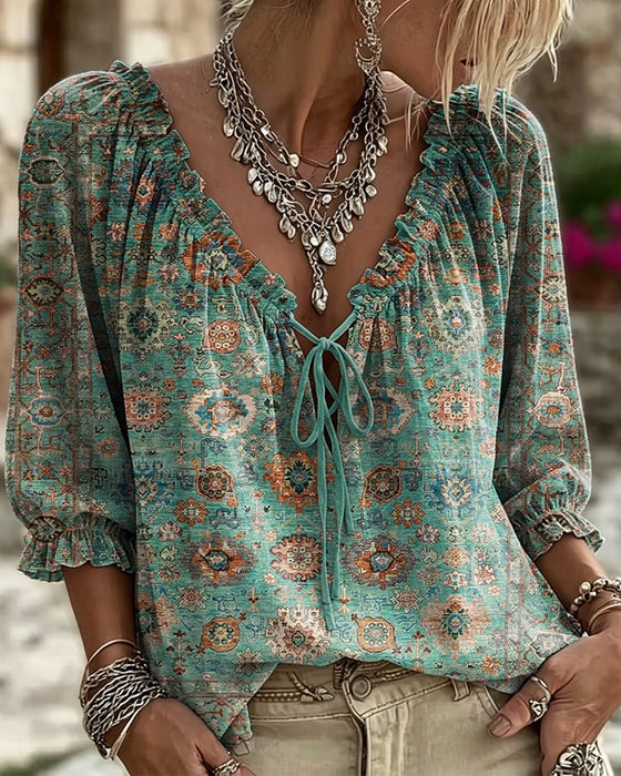 Bluse V-Hals Knyting Vintage Trykk