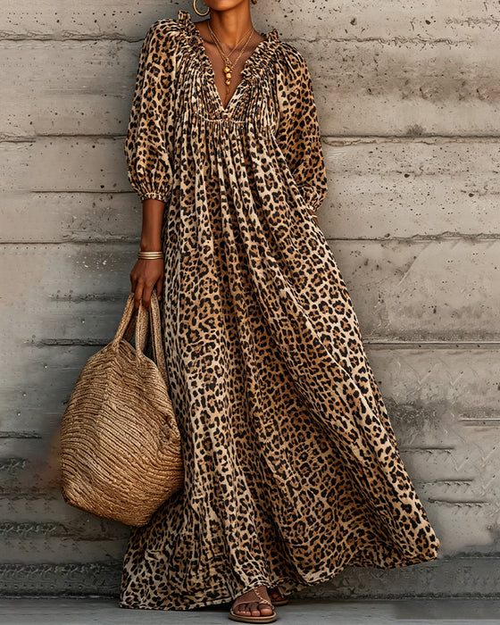 Kjole Leopard Trykk V-Hals Puff Erme