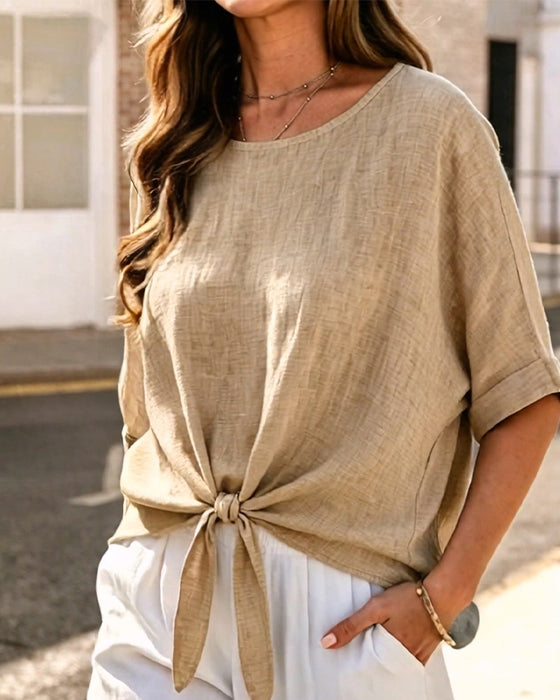 Bluse Rund Hals Knyte Kort Erme