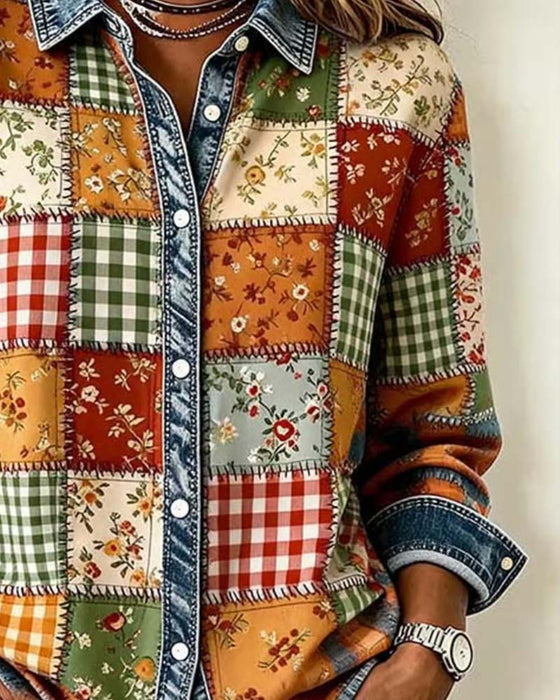 Topp Krage Rutet Denim Patchwork