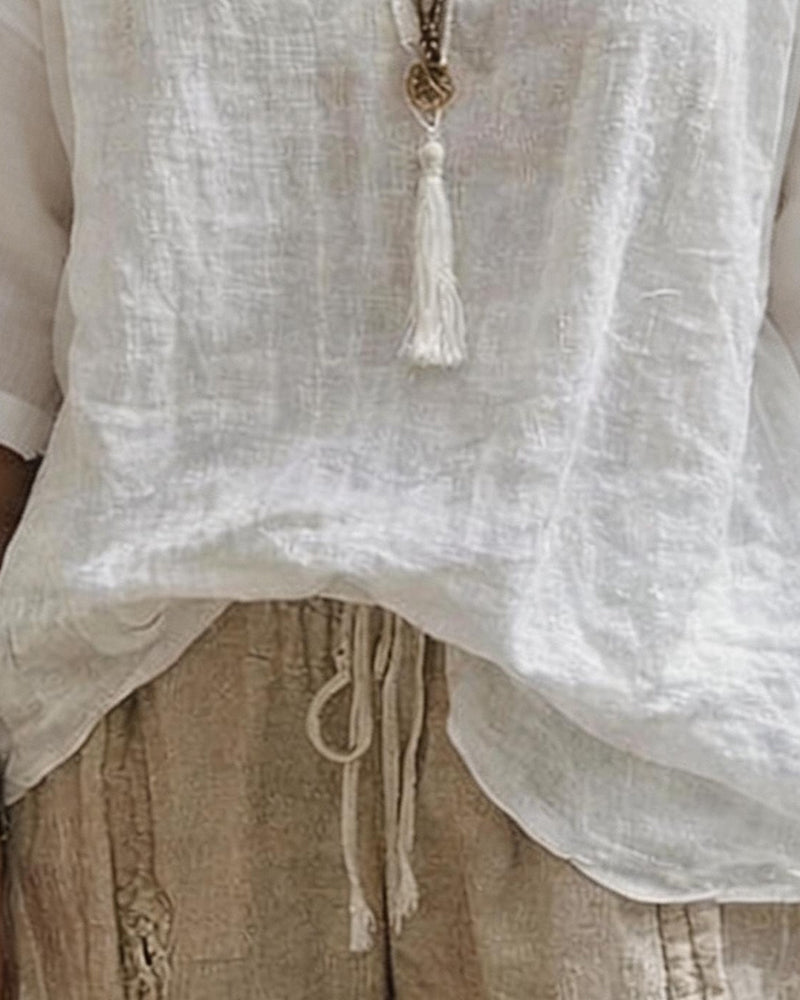 Topp V-Hals Halv Erme Solid