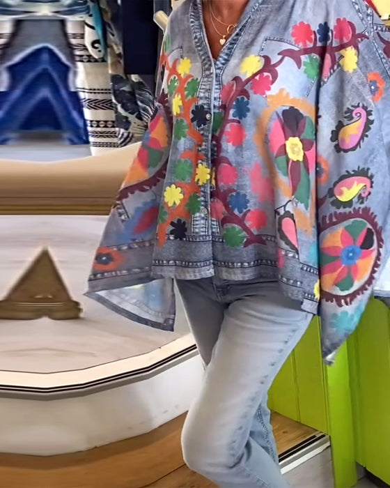 Bluse Uregelmessig Print Falsk Denim