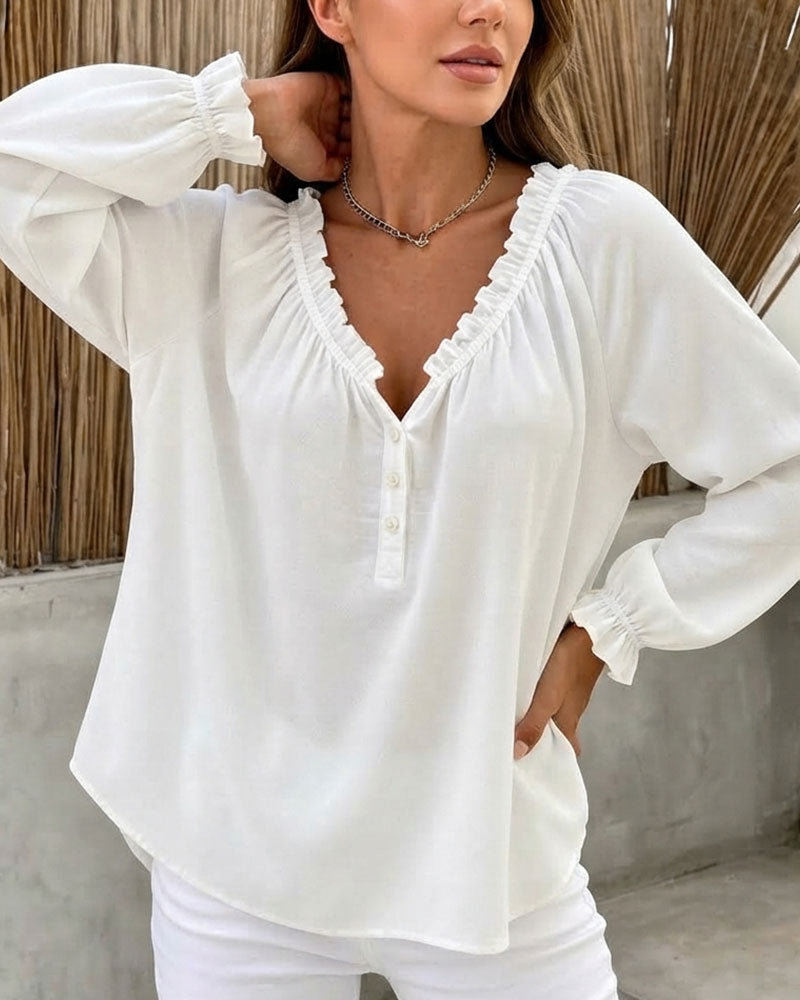 Bluse Ruffle Kant Lang Erme V-Hals