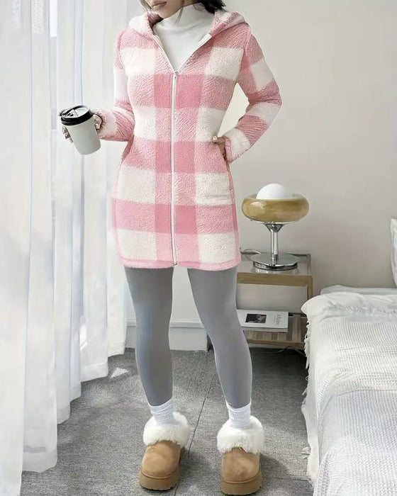 Dames Rutete Fleecejakke Med Hette Og Lange Ermer
