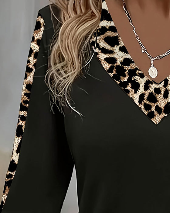 T-Skjorte Lang Erme V-Hals Leopard Patchwork