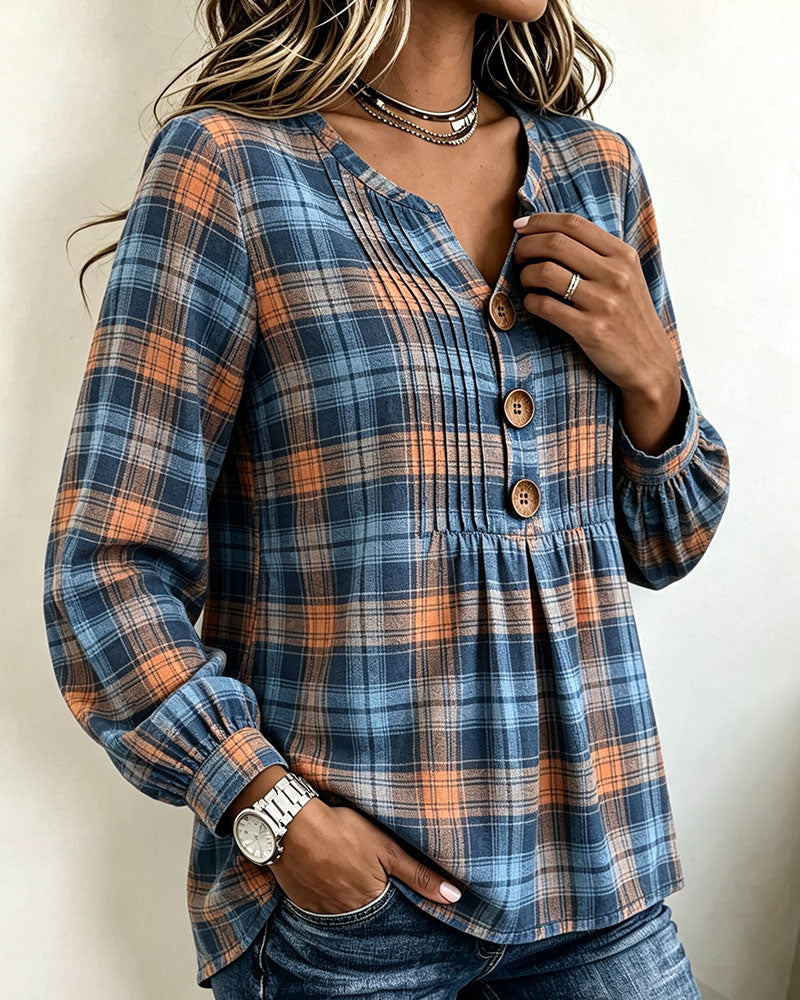 Bluse Tre-Knapp Rutete Langermet