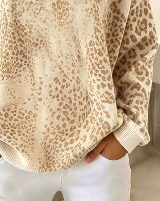 Sweatshirt Leopardsmønster Rund Hals Loose Fit