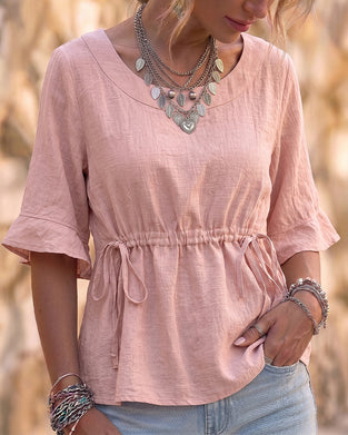 Bluse Rund Hals Ruffle Dragsnor Solid