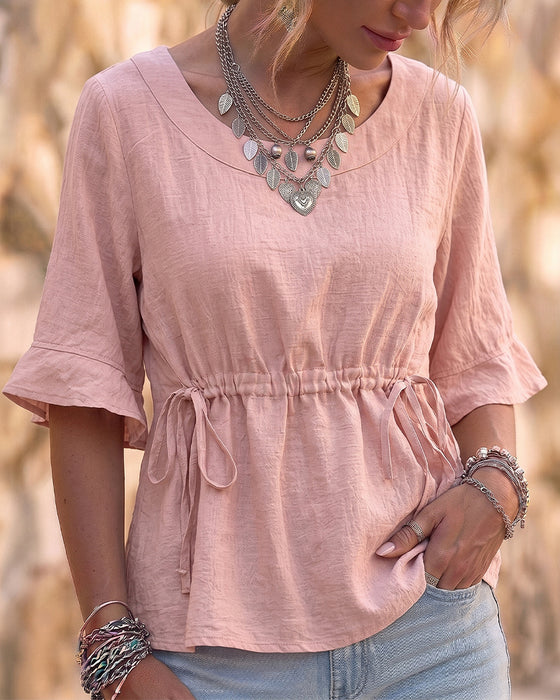 Bluse Rund Hals Ruffle Dragsnor Solid