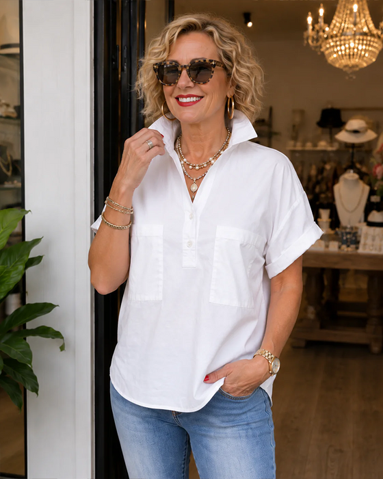 Bluse Lomme Knapp V-Hals Avslappet