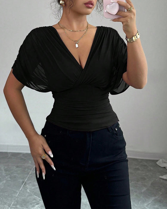 Bluse Solid Farge Dyp V-Hals Midje Kort Erme