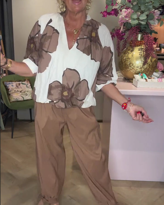 Bluse V-Hals Blomstret Halvlang Erme Avslappet