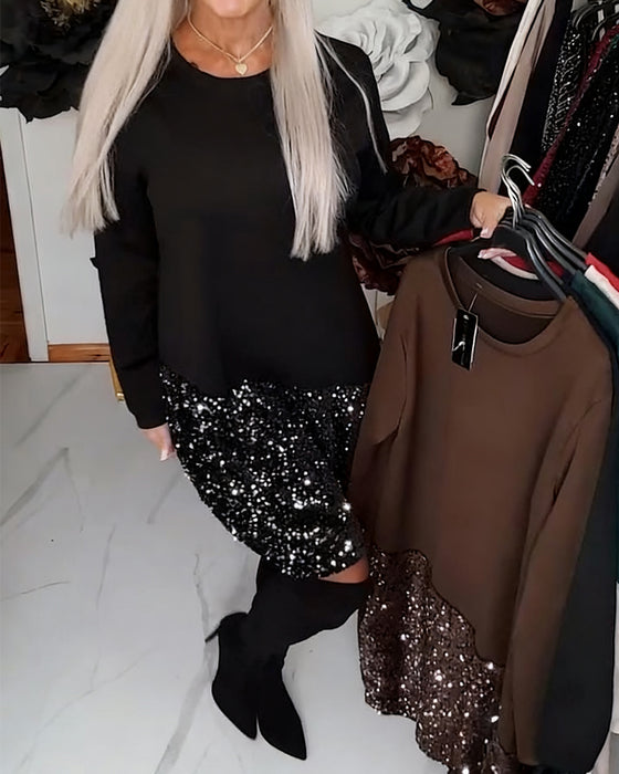 Kjole Rund Hals Langermet Glitterbroderi lappet