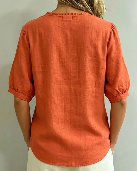 Bluse Ruffle Trim Knapp Lomme