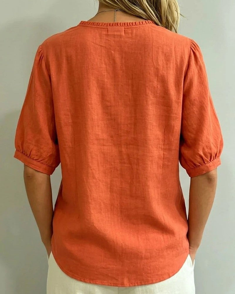 Bluse Ruffle Trim Knapp Lomme
