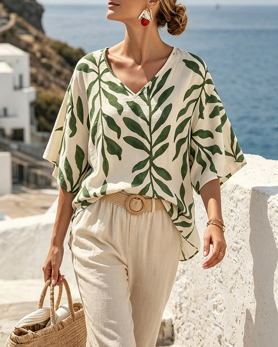 Bluse V-Hals Halv Erme Bladtrykk