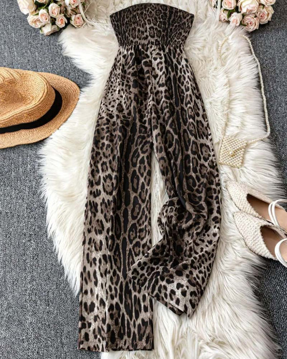 Jumpsuit Stroppeløs Leopard Trykk Bred Ben Midjekniping