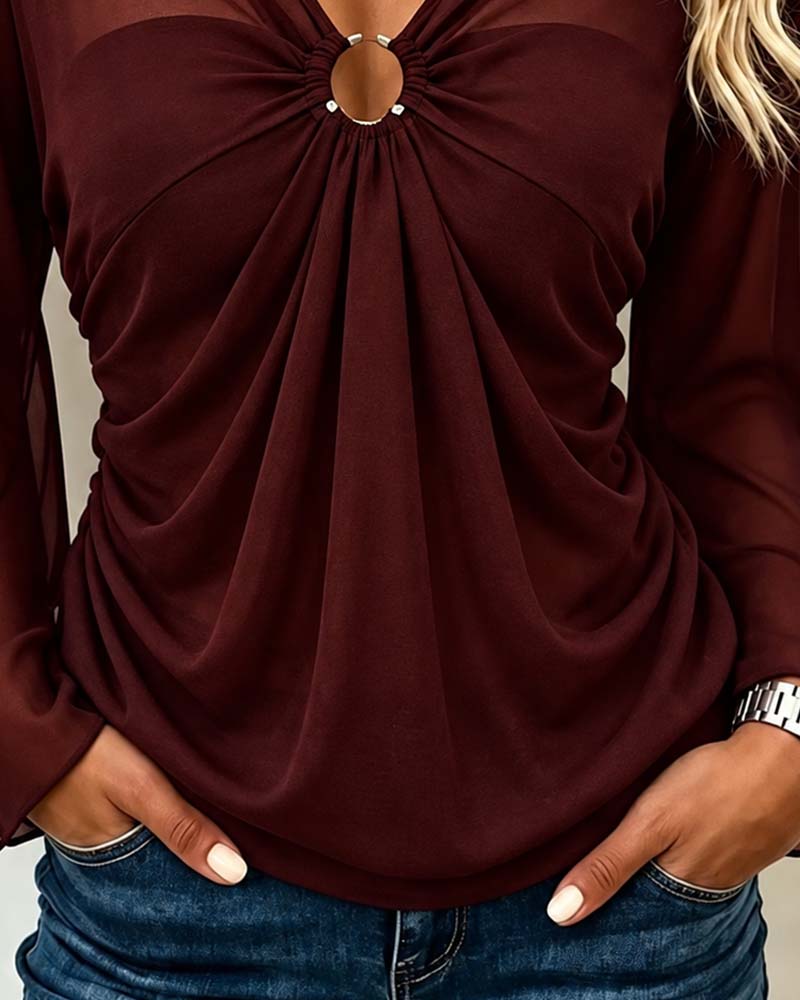 Bluse V-Hals Metall Ring Twist