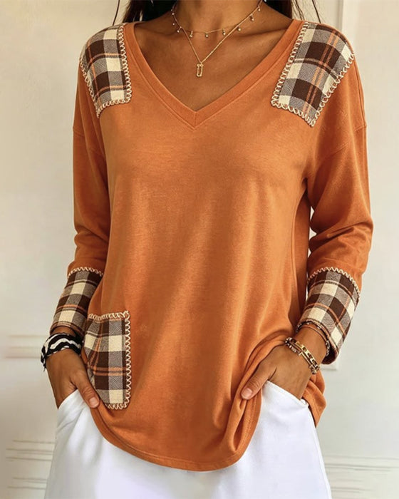 Topp Rute Patchwork V-Hals Casual