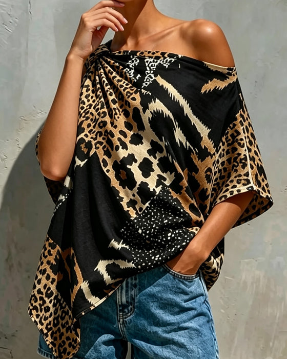Bluse Leopardmønster Patchwork Enskulder
