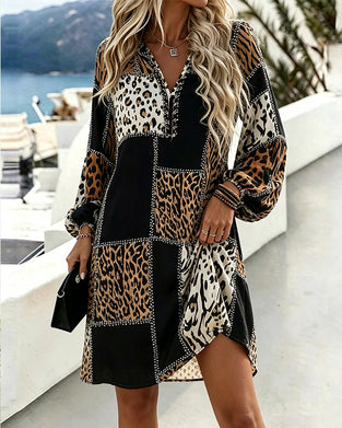 Kjole V-Hals Leopard Trykk Puff Erme Kontrast