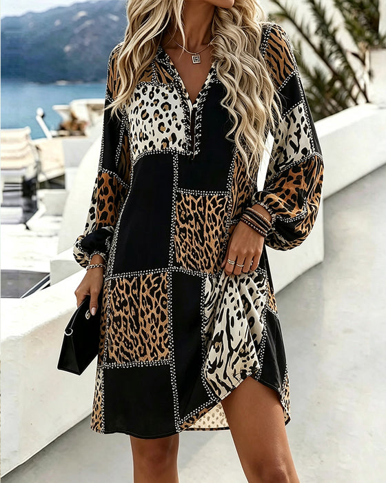 Kjole V-Hals Leopard Trykk Puff Erme Kontrast