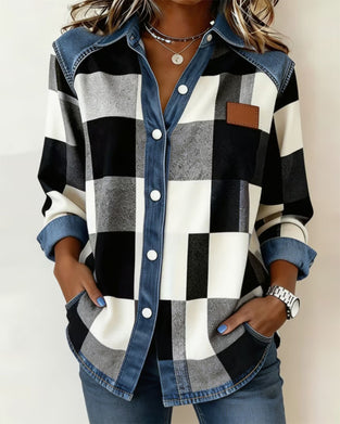 Skjorte Rutete Fargeblokk Denim Patchwork