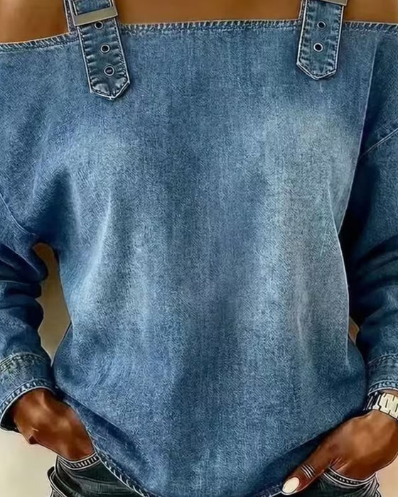 Bluse Spagettistrap Off-Shoulder Denim Metall Knapp