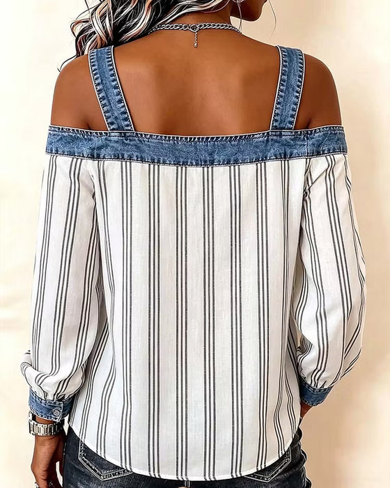 Bluse Denim Off-Skulder Stripe Panel