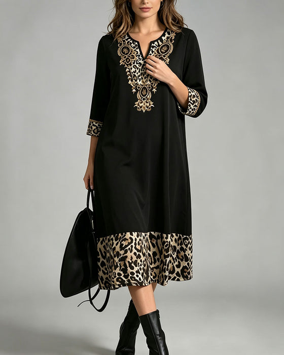 Dress Mini V-Hals Leopard Trykk Patchwork Løs