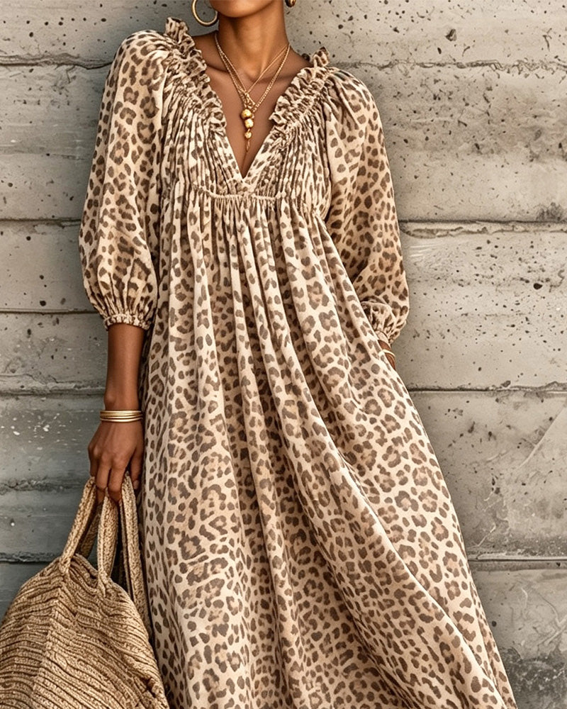 Kjole Leopard Trykk V-Hals Puff Erme